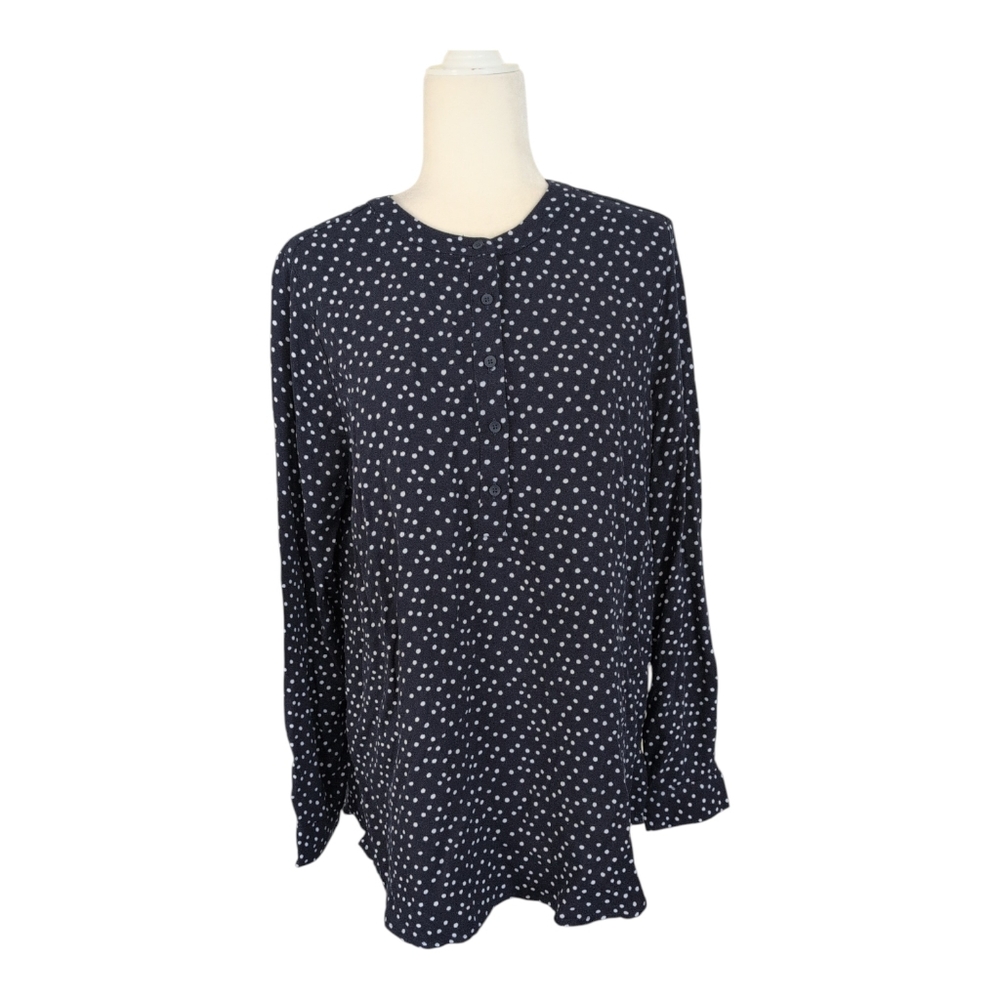 NWT Amazon Women's Tunic L Navy Dots Print Button Cuffs Front Button‎ Pullover